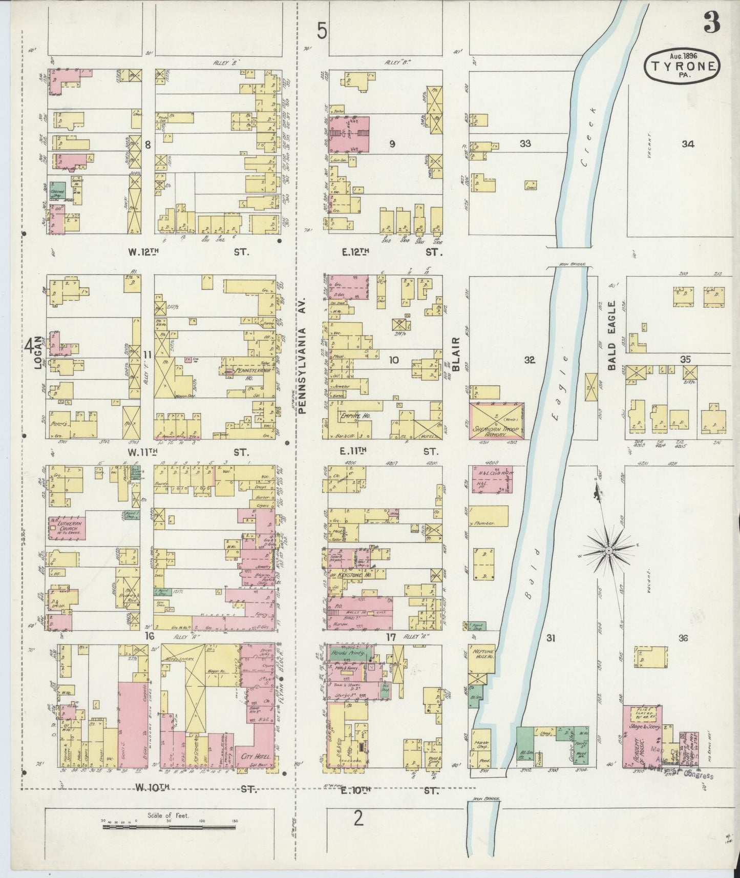 Sanborn Fire Insurance Map from Tyrone, Blair County, Pennsylvania (1896), Sheet #0003 - Complete Map Set gallery image, historic Sanborn map, vintage wall art, Pennsylvania Pennsylvania