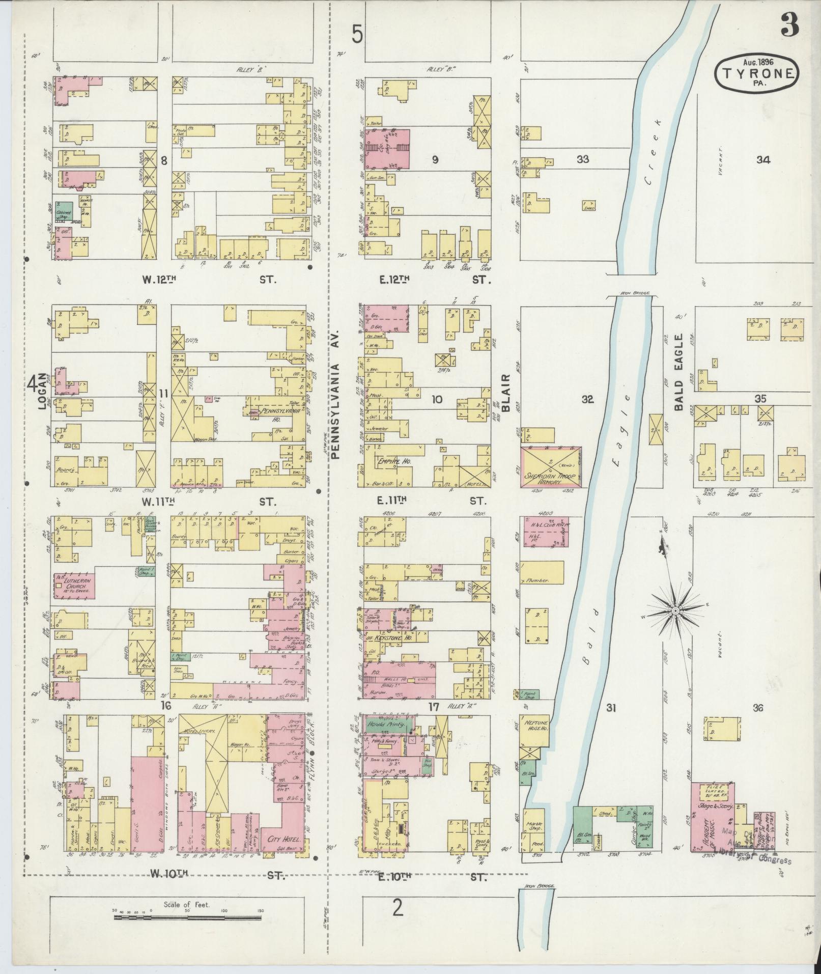 Sanborn Fire Insurance Map from Tyrone, Blair County, Pennsylvania (1896), Sheet #0003 - Complete Map Set gallery image, historic Sanborn map, vintage wall art, Pennsylvania Pennsylvania