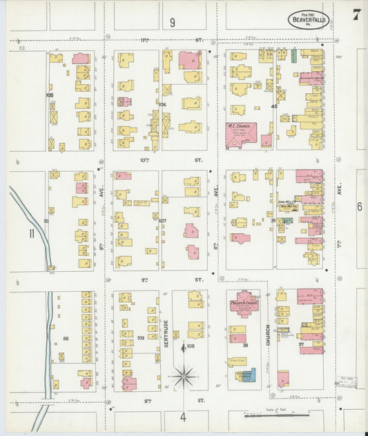 Sanborn Fire Insurance Map from Beaver Falls, Beaver County, Pennsylvania (1901), Sheet #0007 - Historic Sanborn Fire Insurance Map Print, vintage old map wall art, antique decor, genealogy gift, Pennsylvania Pennsylvania map
