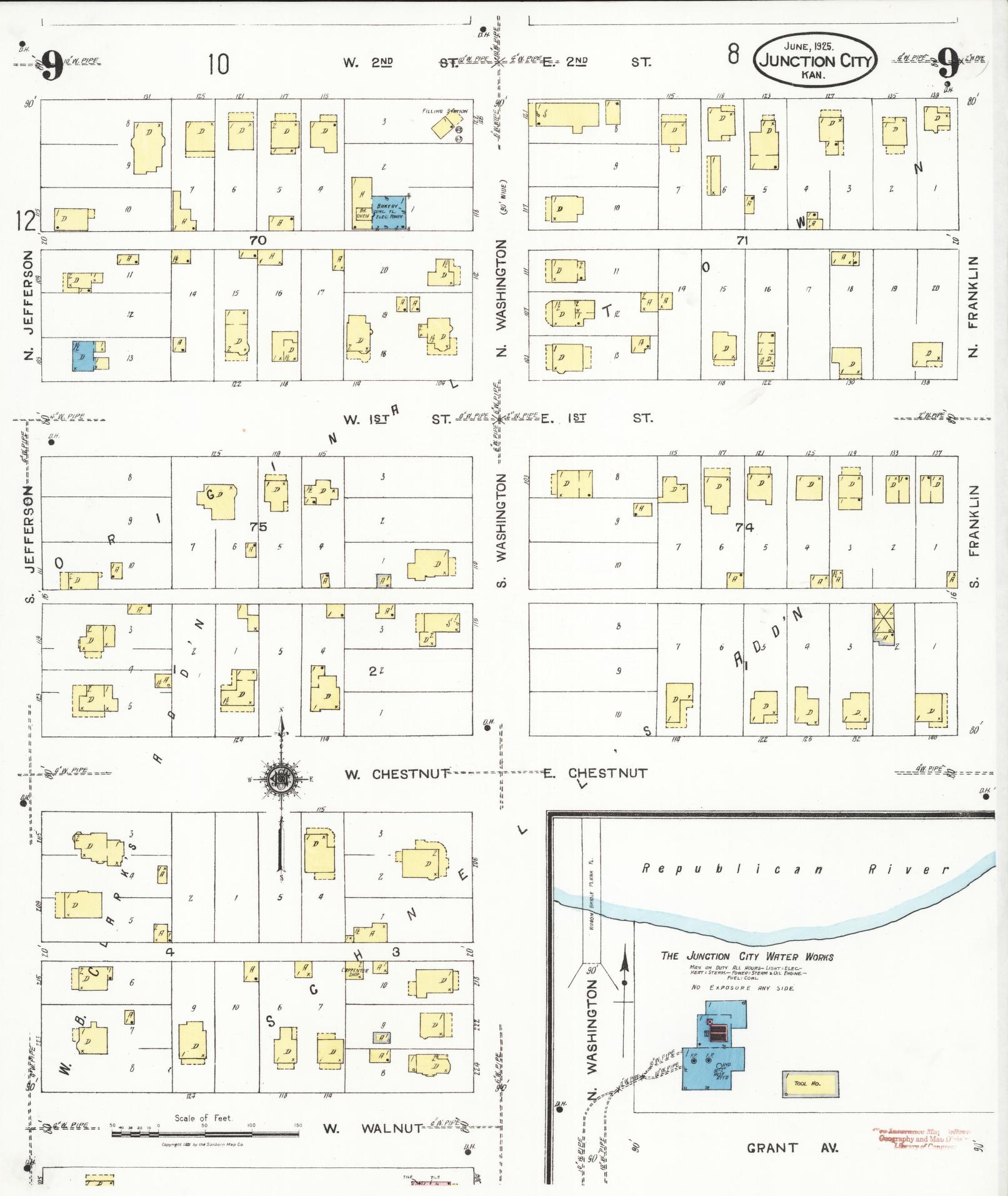 Sanborn Fire Insurance Map from Junction City, Geary County, Kansas (1925), Sheet #0009 - Complete Map Set gallery image, historic Sanborn map, vintage wall art, Kansas Kansas