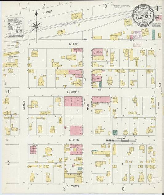 Sanborn Fire Insurance Map from Clay City, Clay County, Illinois (1907), Sheet #0001 - Historic Sanborn Fire Insurance Map Print, vintage old map wall art, antique decor, genealogy gift, Illinois Illinois map
