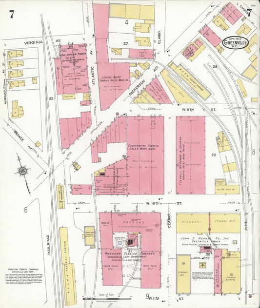 Sanborn Fire Insurance Map from Greenville, Pitt County, North Carolina (1923), Sheet #0007 - Historic Sanborn Fire Insurance Map Print, vintage old map wall art, antique decor, genealogy gift, North Carolina North Carolina map
