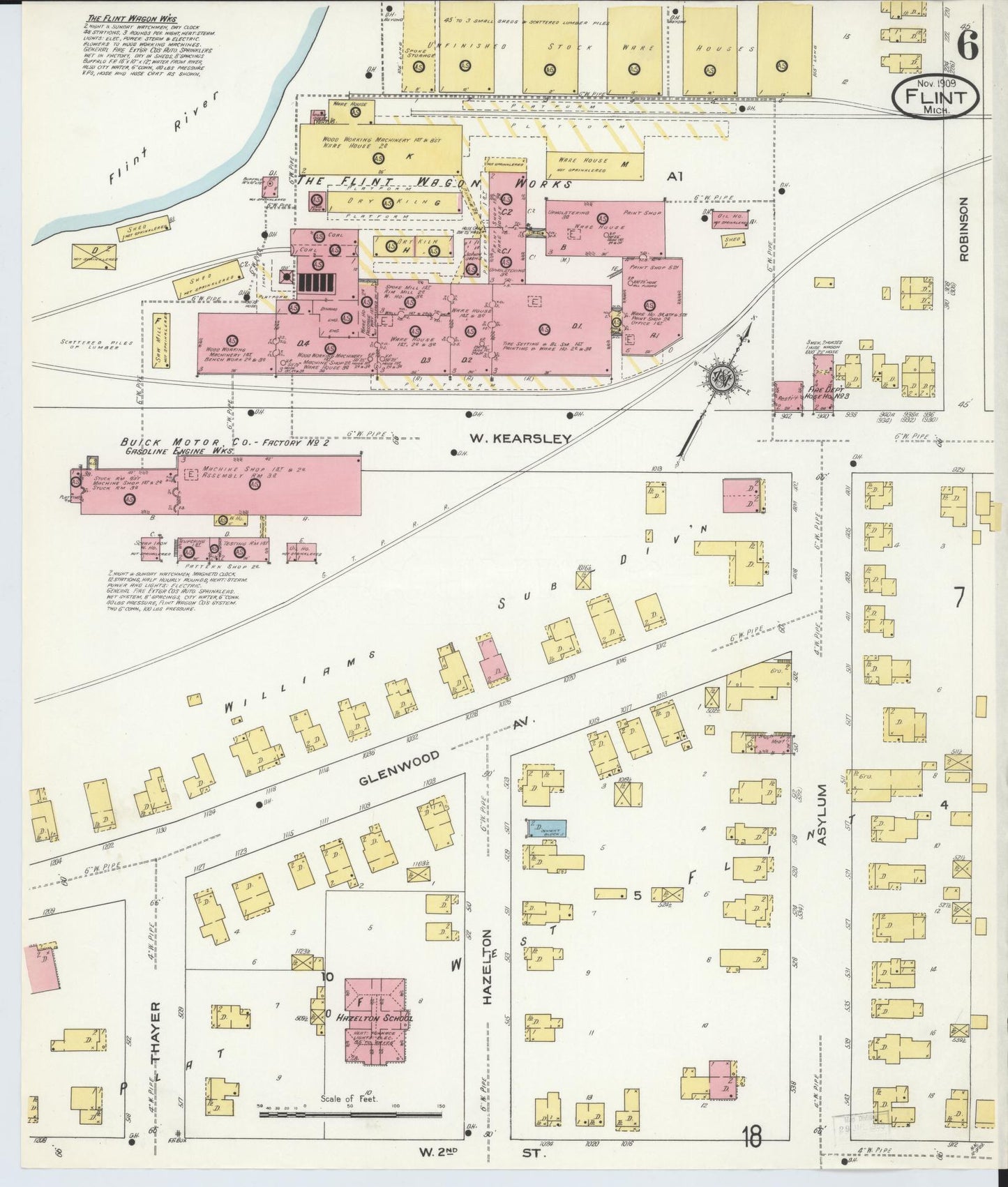Sanborn Fire Insurance Map from Flint, Genesee County, Michigan (1909), Sheet #0006 - Historic Sanborn Fire Insurance Map Print, vintage old map wall art, antique decor, genealogy gift, Michigan Michigan map