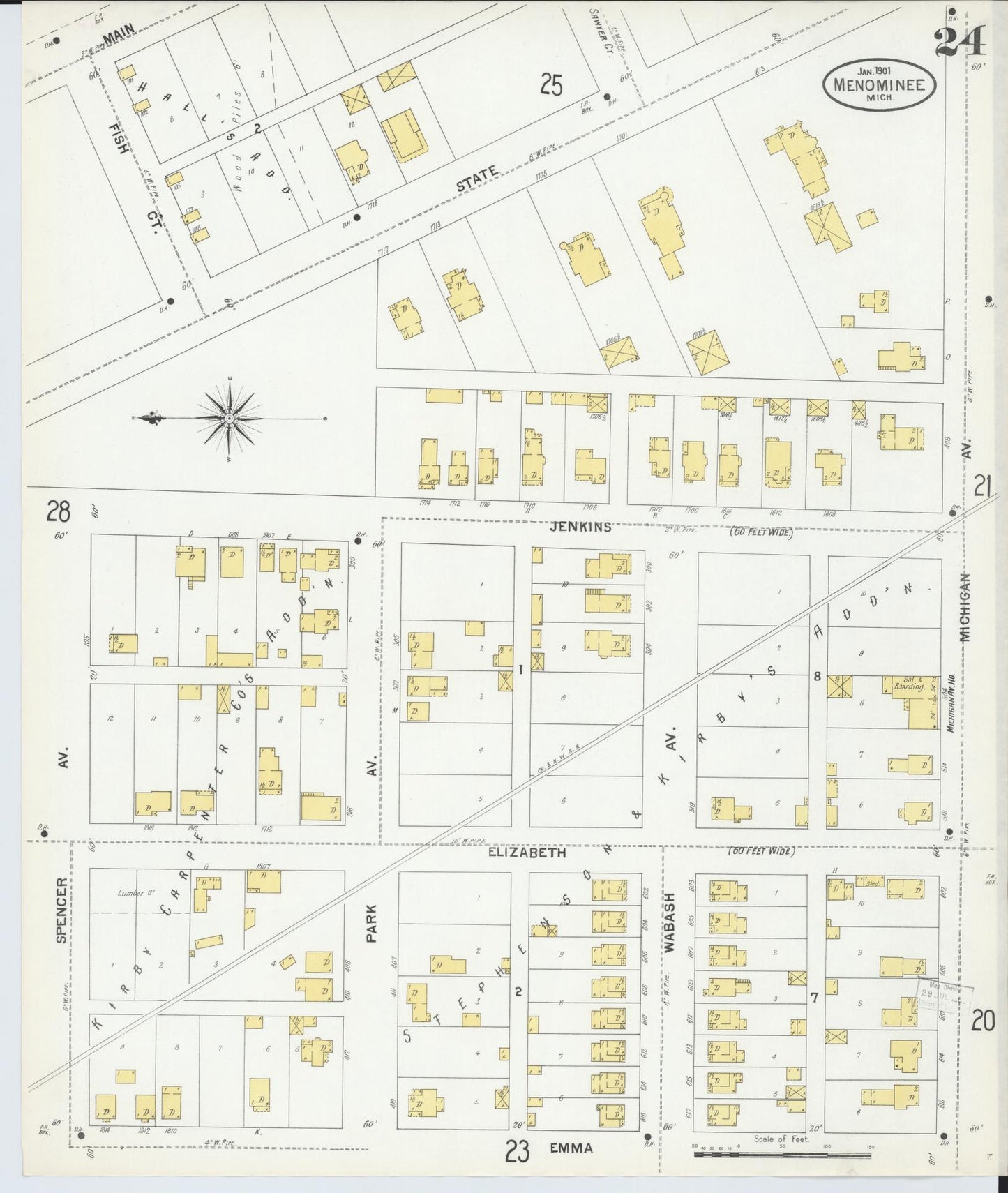 Sanborn Fire Insurance Map from Menominee, Menominee County, Michigan (1901), Sheet #0024 - Complete Map Set gallery image, historic Sanborn map, vintage wall art, Michigan Michigan