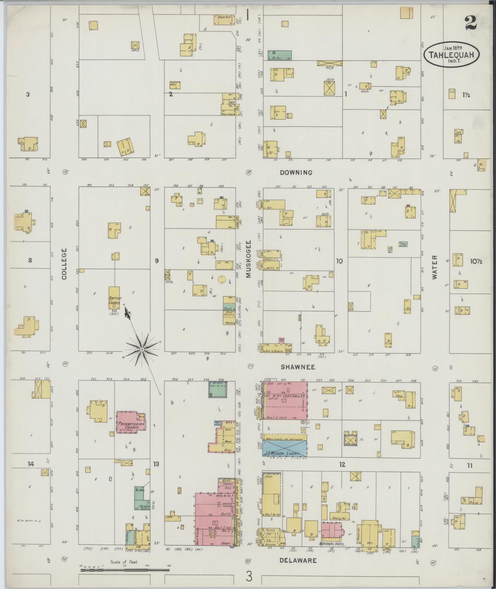 Sanborn Fire Insurance Map from Tahlequah, Cherokee County, Oklahoma (1899), Sheet #0002 - Complete Map Set gallery image, historic Sanborn map, vintage wall art, Oklahoma Oklahoma