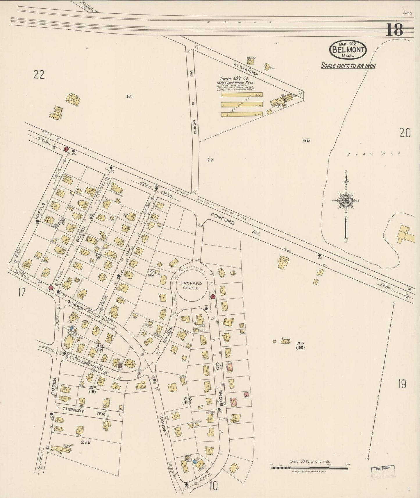 Sanborn Fire Insurance Map from Belmont, Middlesex County, Massachusetts (1922), Sheet #0018 - Historic Sanborn Fire Insurance Map Print, vintage old map wall art, antique decor, genealogy gift, Massachusetts Massachusetts map