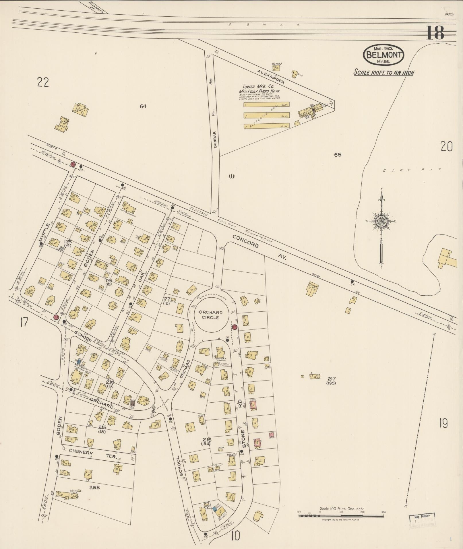 Sanborn Fire Insurance Map from Belmont, Middlesex County, Massachusetts (1922), Sheet #0018 - Historic Sanborn Fire Insurance Map Print, vintage old map wall art, antique decor, genealogy gift, Massachusetts Massachusetts map