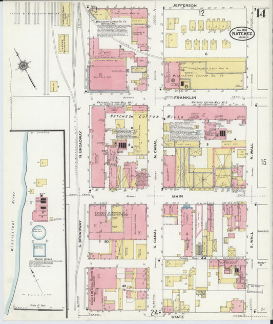 Sanborn Fire Insurance Map from Natchez, Adams County, Mississippi (1910), Sheet #0014 - Historic Sanborn Fire Insurance Map Print, vintage old map wall art, antique decor, genealogy gift, Mississippi Mississippi map