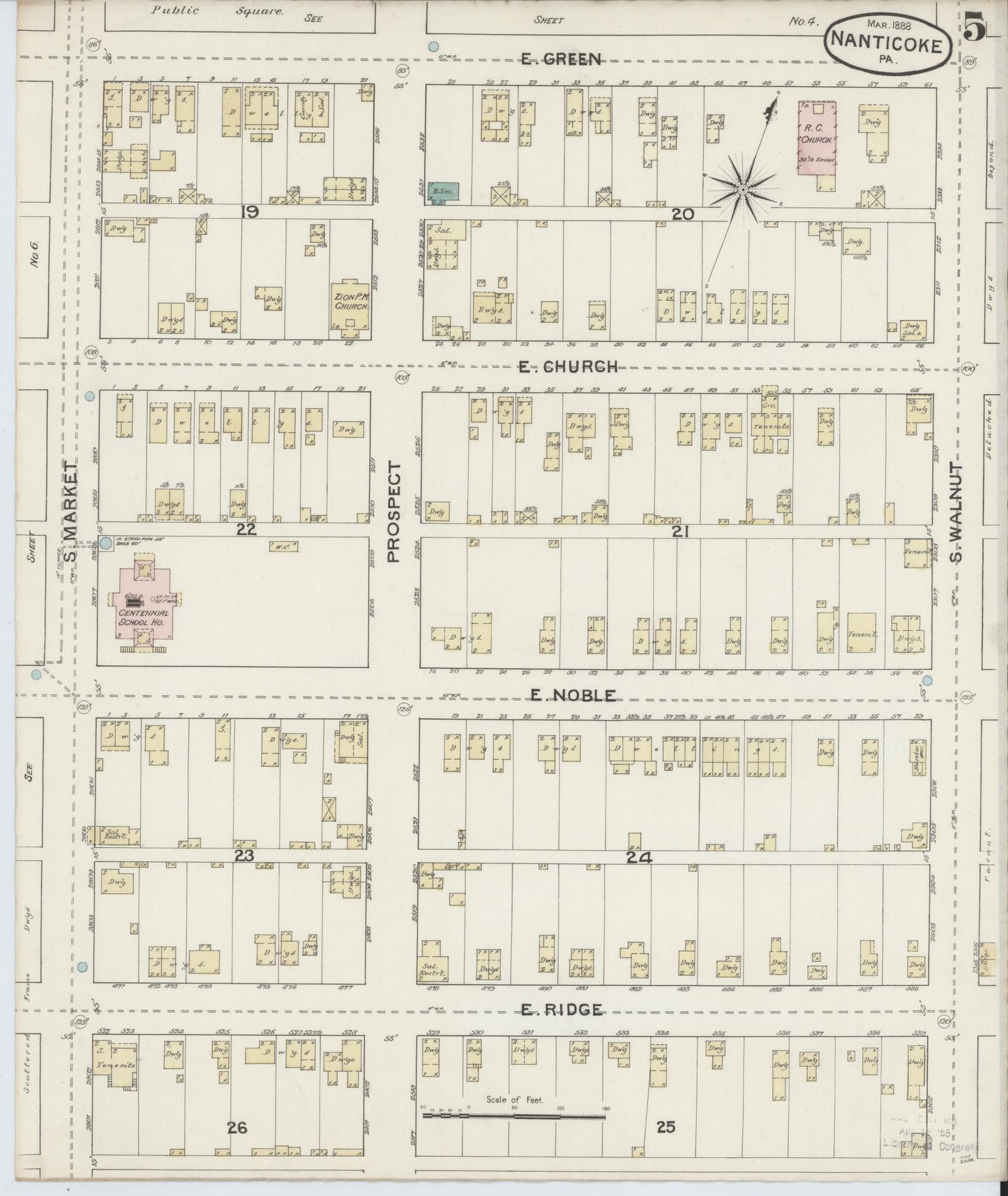 Sanborn Fire Insurance Map from Nanticoke, Luzerne County, Pennsylvania (1888), Sheet #0005 - Historic Sanborn Fire Insurance Map Print, vintage old map wall art, antique decor, genealogy gift, Pennsylvania Pennsylvania map