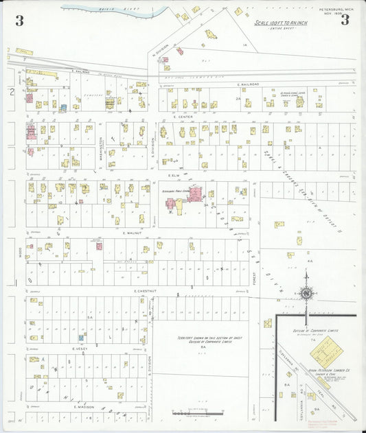 Sanborn Fire Insurance Map from Petersburg, Monroe County, Michigan (1939), Sheet #0003 - Historic Sanborn Fire Insurance Map Print, vintage old map wall art, antique decor, genealogy gift, Michigan Michigan map