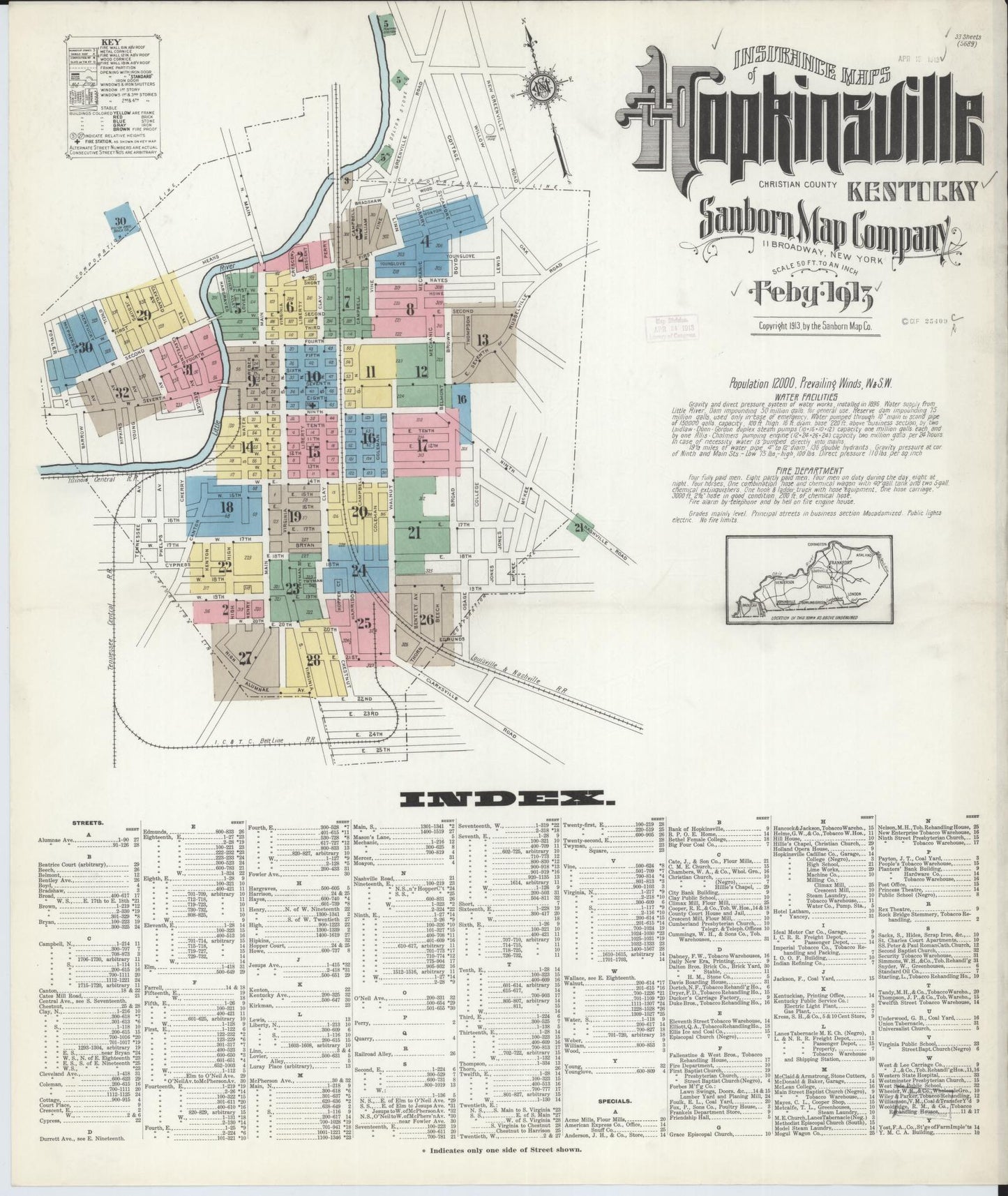 Sanborn Fire Insurance Map from Hopkinsville, Christian County, Kentucky (1913), Sheet #0001 - Complete Map Set gallery image, historic Sanborn map, vintage wall art, Kentucky Kentucky