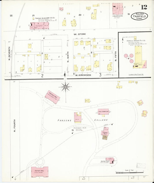 Sanborn Fire Insurance Map from Fairfield, Jefferson County, Iowa (1907), Sheet #0012 - Historic Sanborn Fire Insurance Map Print, vintage old map wall art