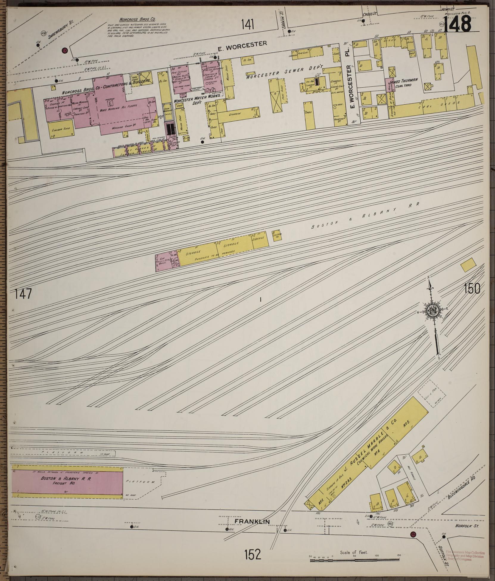 Sanborn Fire Insurance Map from Worcester, Worcester County, Massachusetts (1910), Sheet #0148 - Complete Map Set gallery image, historic Sanborn map, vintage wall art, Massachusetts Massachusetts
