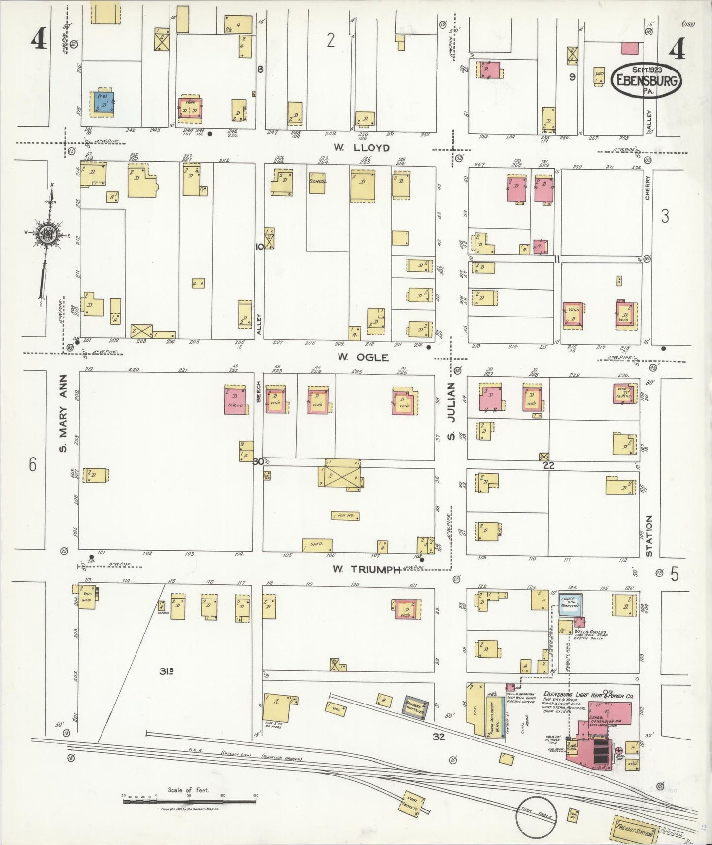 Sanborn Fire Insurance Map from Ebensburg, Cambria County, Pennsylvania (1923), Sheet #0004 - Historic Sanborn Fire Insurance Map Print, vintage old map wall art, antique decor, genealogy gift, Pennsylvania Pennsylvania map