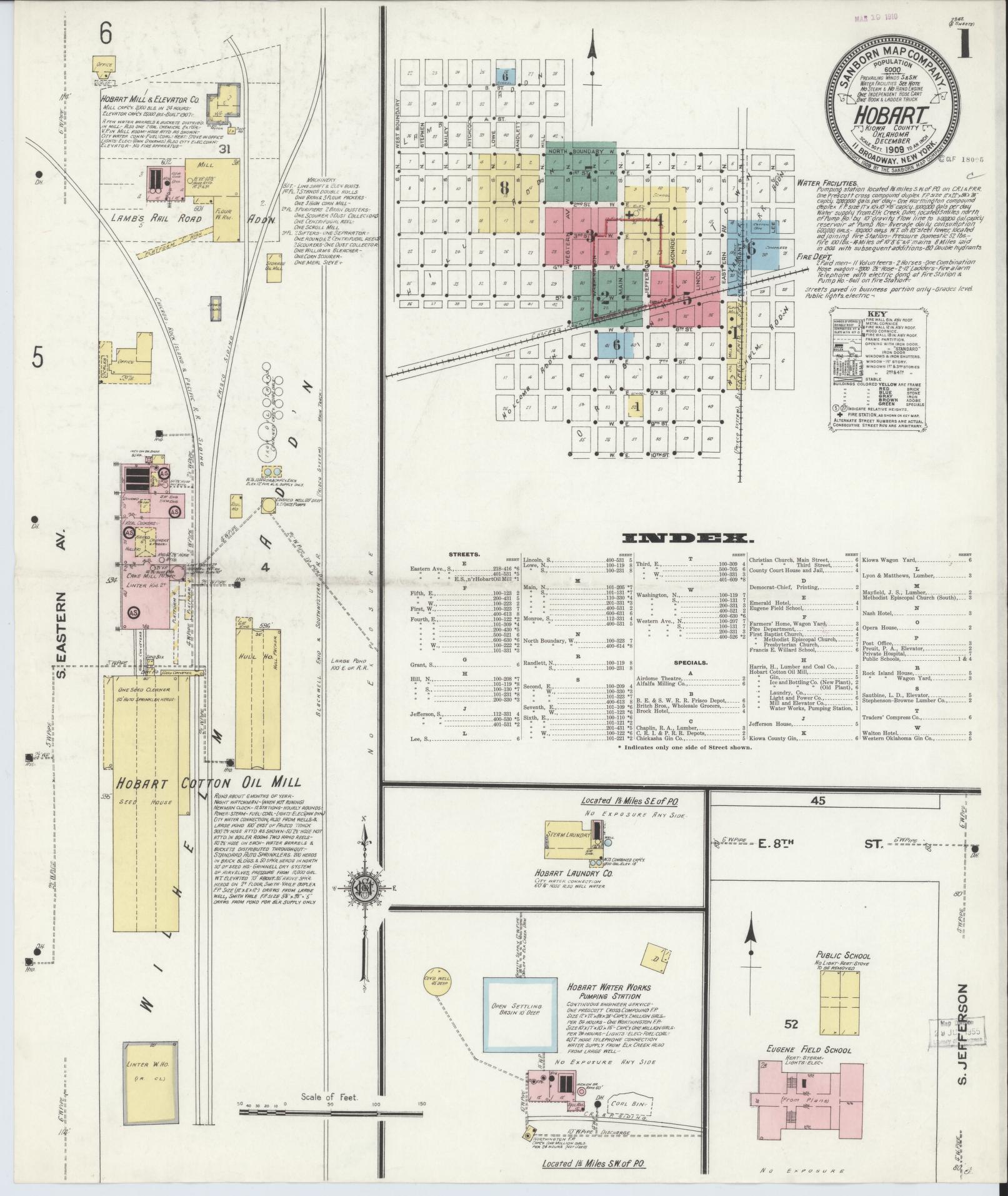 Sanborn Fire Insurance Map from Hobart, Kiowa County, Oklahoma (1909), Sheet #0001 - Historic Sanborn Fire Insurance Map Print, vintage old map wall art, antique decor, genealogy gift, Oklahoma Oklahoma map