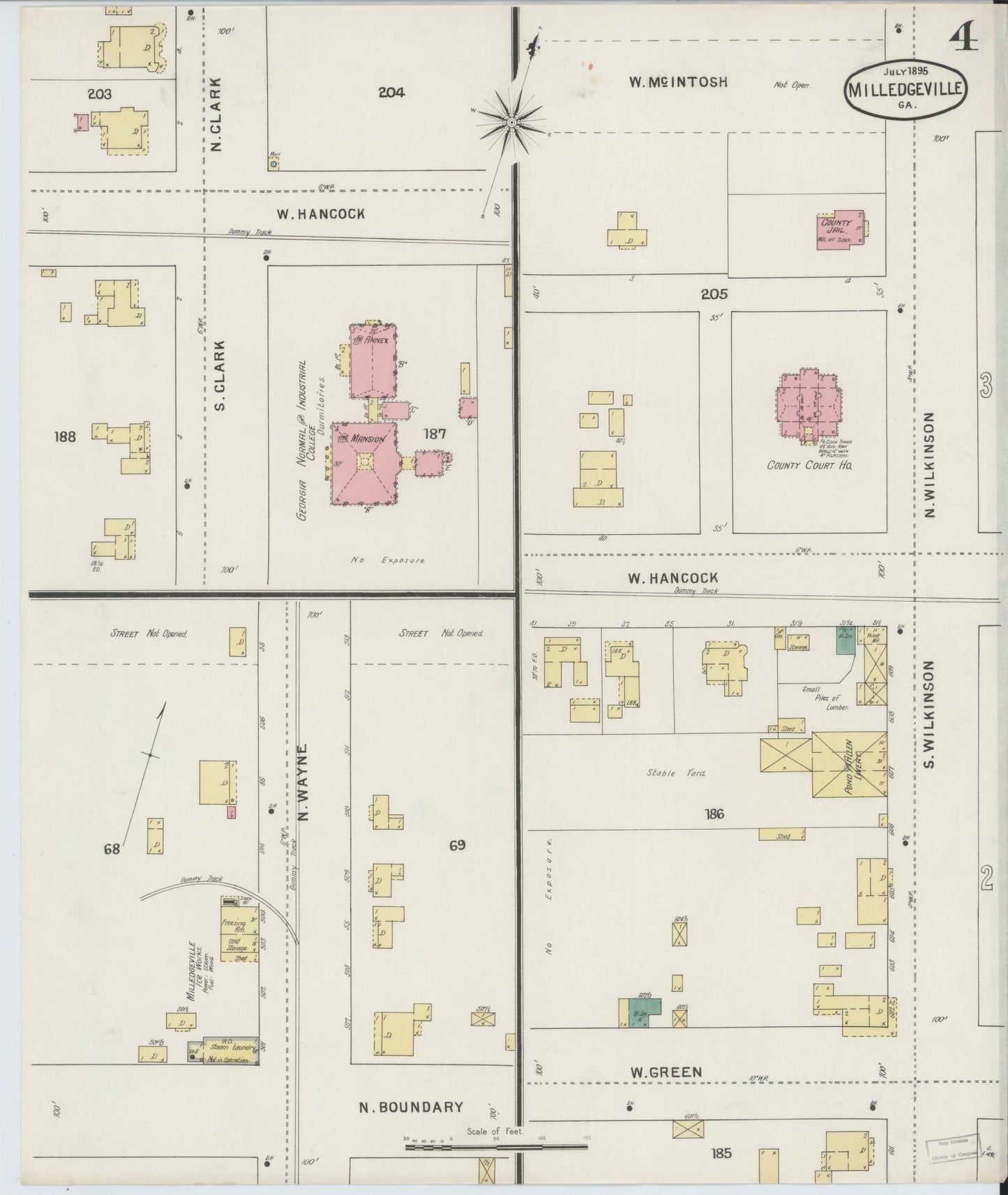 Sanborn Fire Insurance Map from Milledgeville, Baldwin County, Georgia (1895), Sheet #0004 - Historic Sanborn Fire Insurance Map Print, vintage old map wall art, antique decor, genealogy gift, Georgia Georgia map