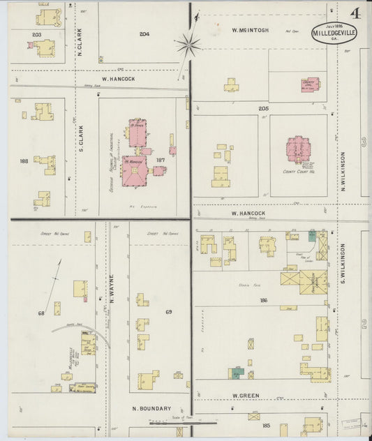 Sanborn Fire Insurance Map from Milledgeville, Baldwin County, Georgia (1895), Sheet #0004 - Historic Sanborn Fire Insurance Map Print, vintage old map wall art, antique decor, genealogy gift, Georgia Georgia map