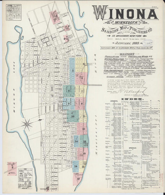Sanborn Fire Insurance Map from Winona, Winona County, Minnesota (1884), Sheet #0001 - Historic Sanborn Fire Insurance Map Print, vintage old map wall art, antique decor, genealogy gift, Minnesota Minnesota map