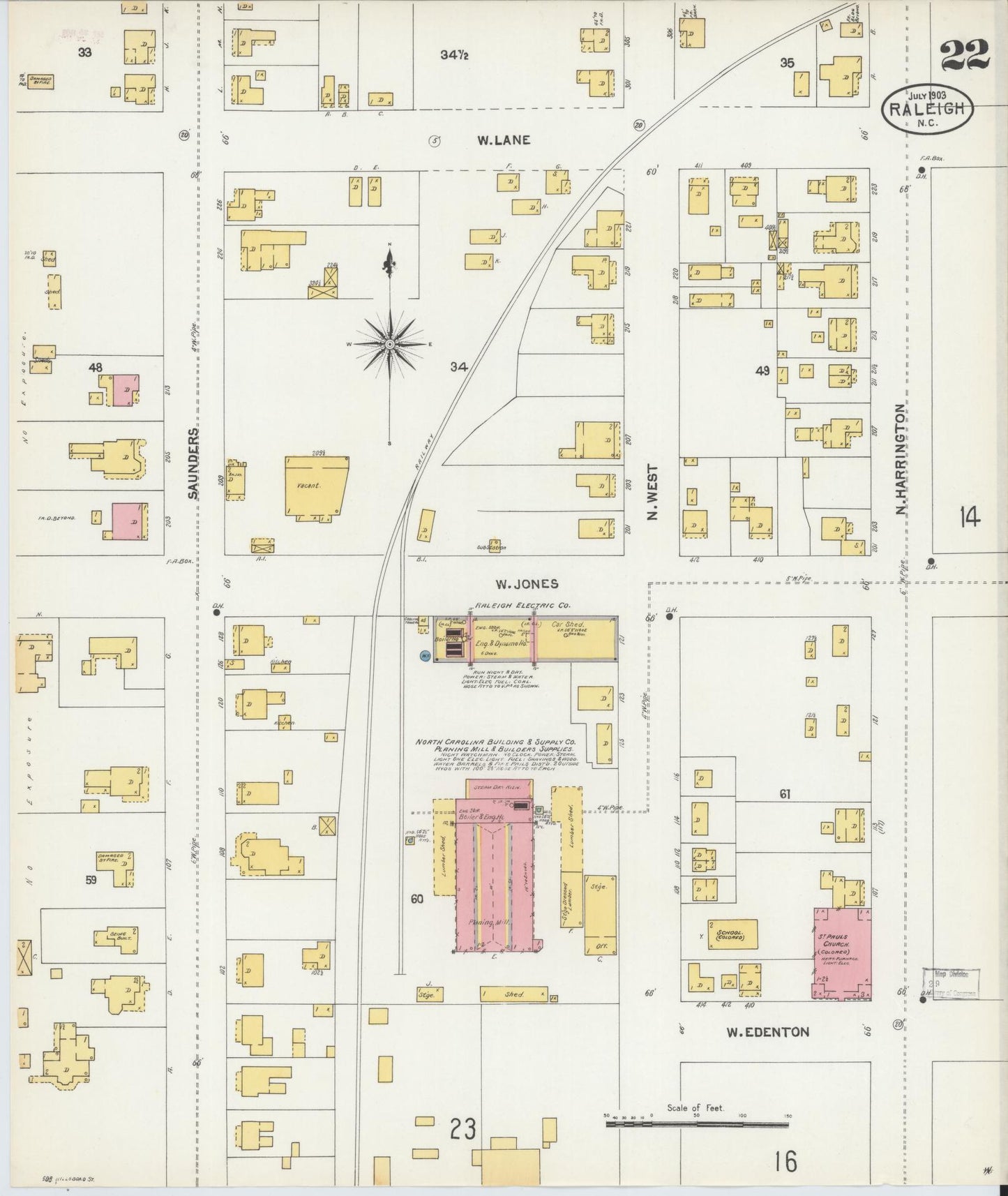 Sanborn Fire Insurance Map from Raleigh, Wake County, North Carolina (1903), Sheet #0022 - Historic Sanborn Fire Insurance Map Print, vintage old map wall art, antique decor, genealogy gift, North Carolina North Carolina map