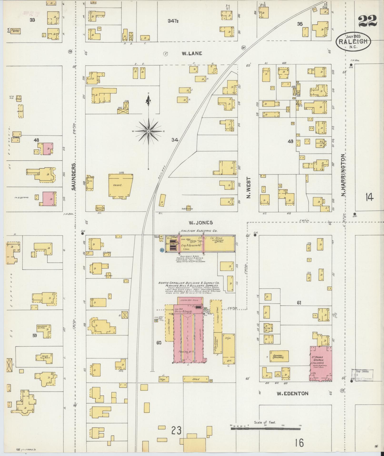 Sanborn Fire Insurance Map from Raleigh, Wake County, North Carolina (1903), Sheet #0022 - Historic Sanborn Fire Insurance Map Print, vintage old map wall art, antique decor, genealogy gift, North Carolina North Carolina map
