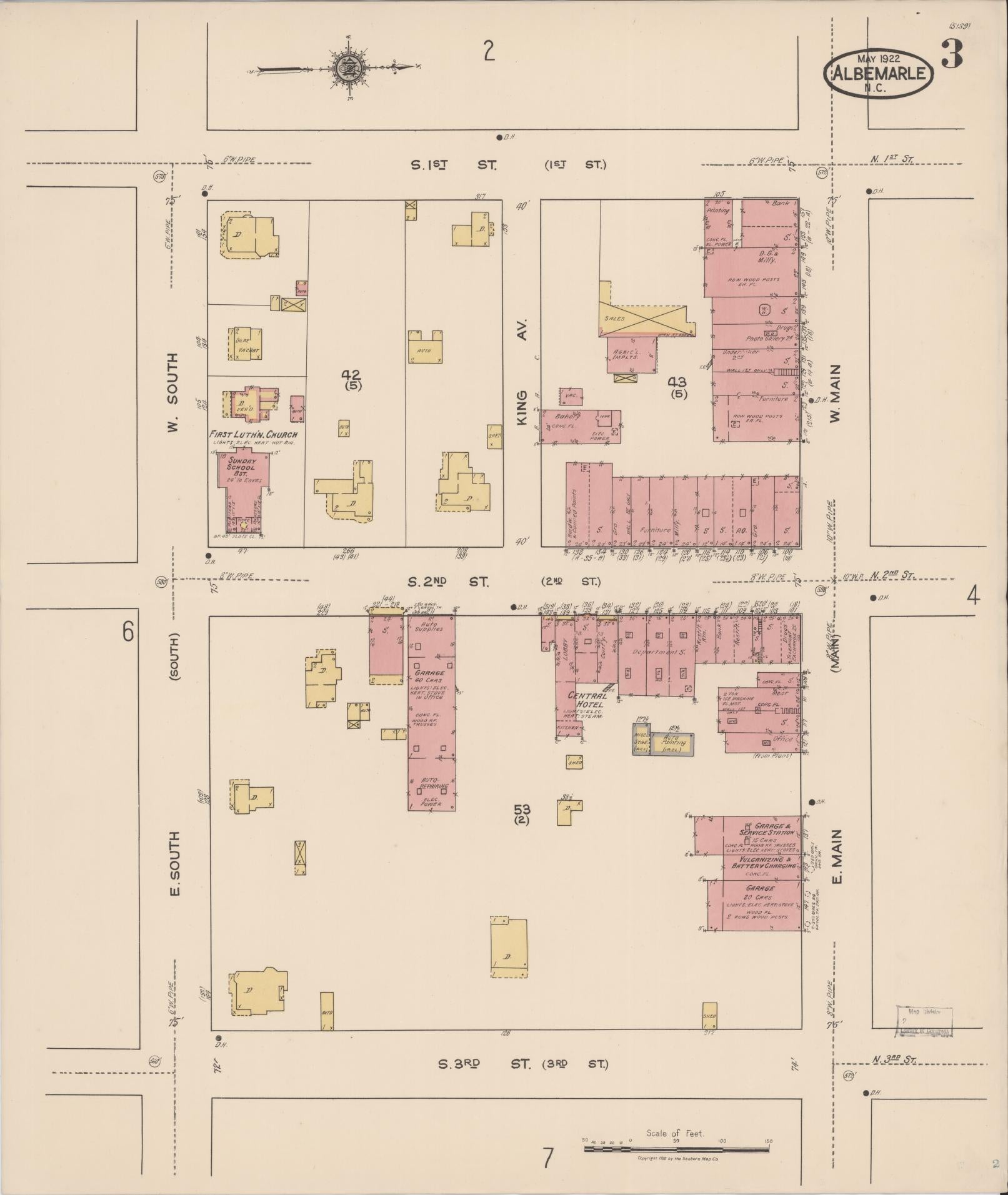 Sanborn Fire Insurance Map from Albemarle, Stanley County, North Carolina (1922), Sheet #0003 - Complete Map Set gallery image, historic Sanborn map, vintage wall art, North Carolina North Carolina