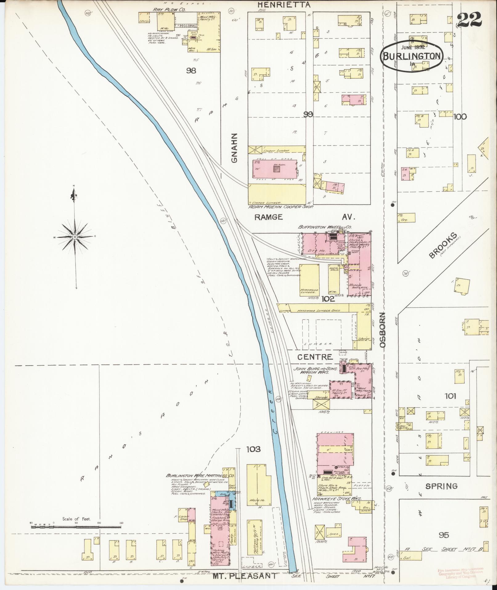 Sanborn Fire Insurance Map from Burlington, Des Moines County, Iowa (1892), Sheet #0022 - Historic Sanborn Fire Insurance Map Print, vintage old map wall art