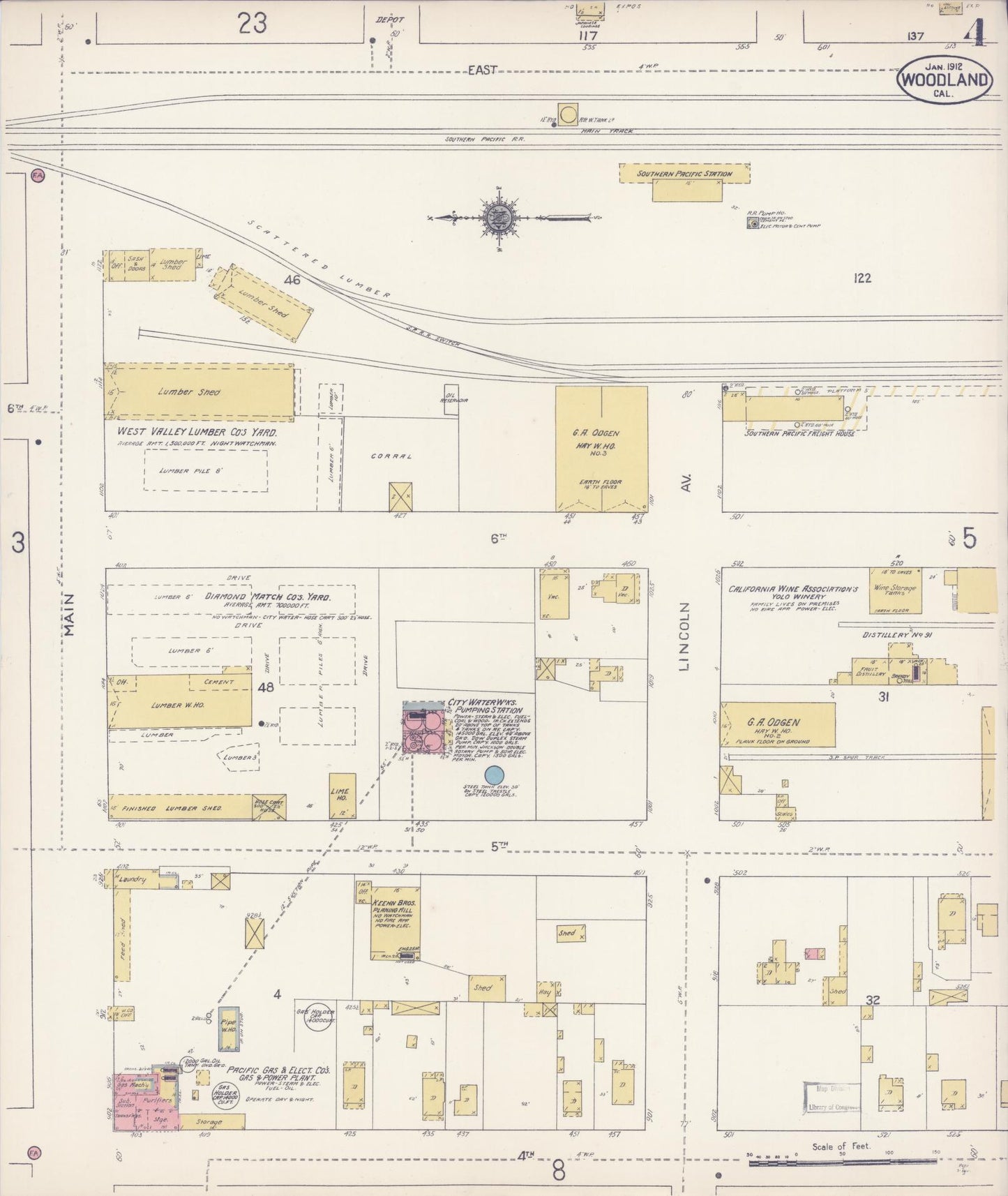 Sanborn Fire Insurance Map from Woodland, Yolo County, California (1912), Sheet #0004 - Complete Map Set gallery image, historic Sanborn map, vintage wall art, California California