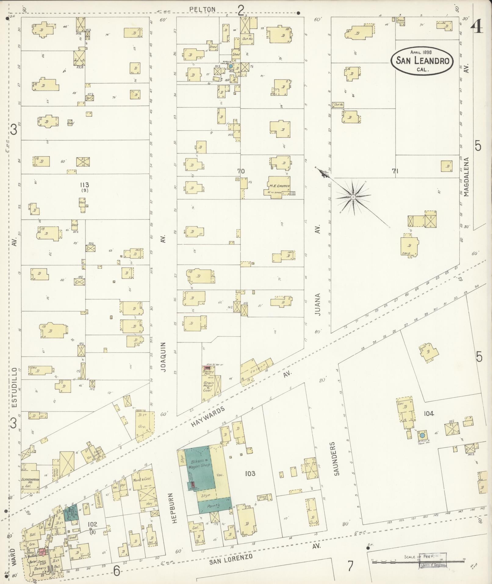 Sanborn Fire Insurance Map from San Leandro, Alameda County, California (1898), Sheet #0004 - Complete Map Set gallery image, historic Sanborn map, vintage wall art, California California