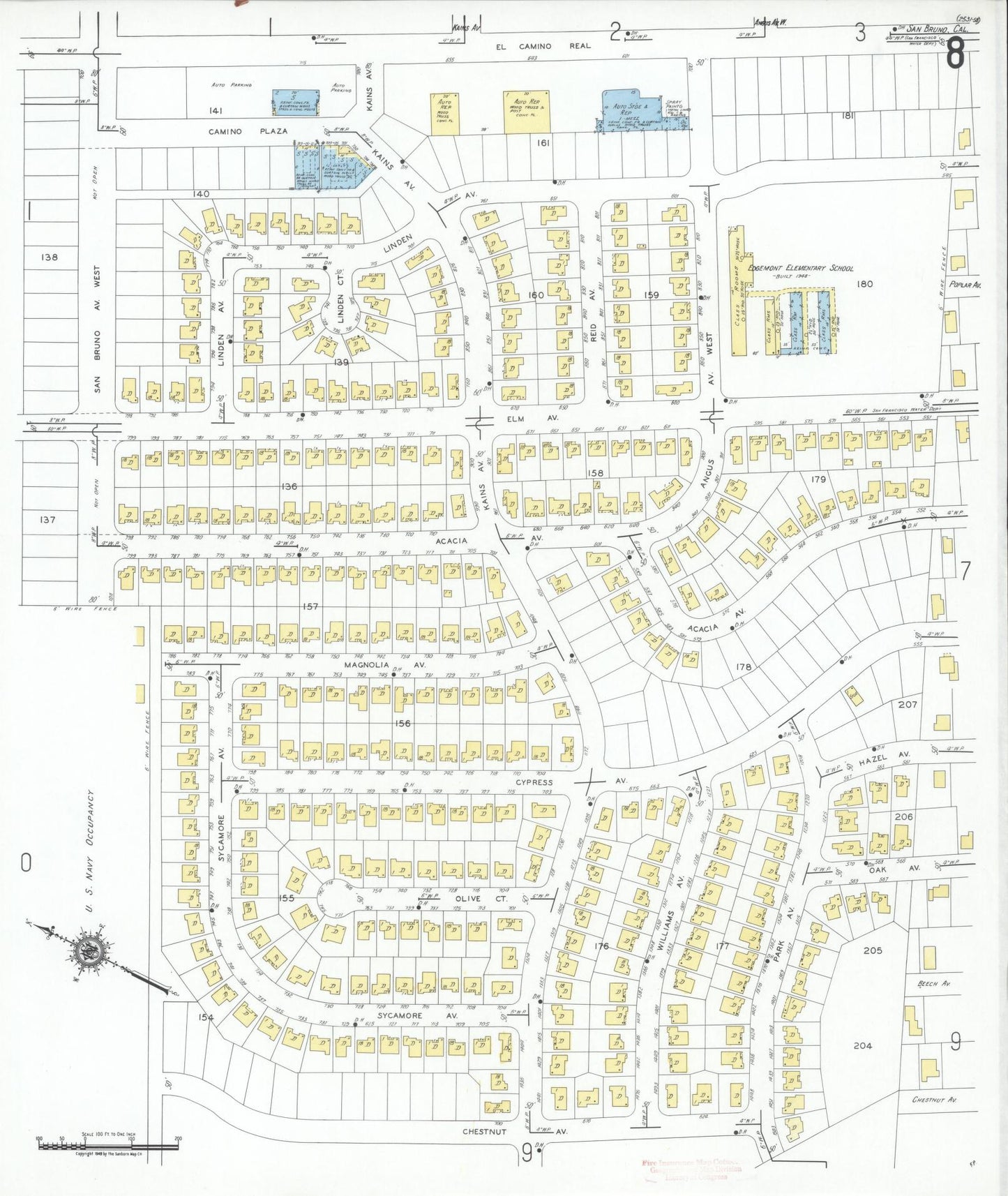 Sanborn Fire Insurance Map from San Bruno, San Mateo County, California (1949), Sheet #0008 - Complete Map Set gallery image, historic Sanborn map, vintage wall art, California California