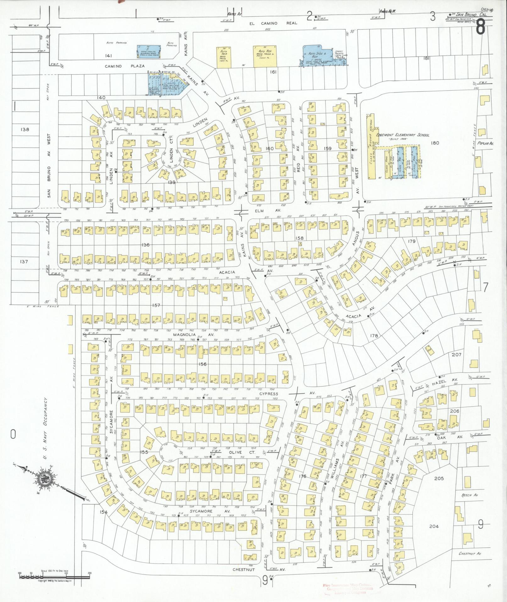 Sanborn Fire Insurance Map from San Bruno, San Mateo County, California (1949), Sheet #0008 - Complete Map Set gallery image, historic Sanborn map, vintage wall art, California California