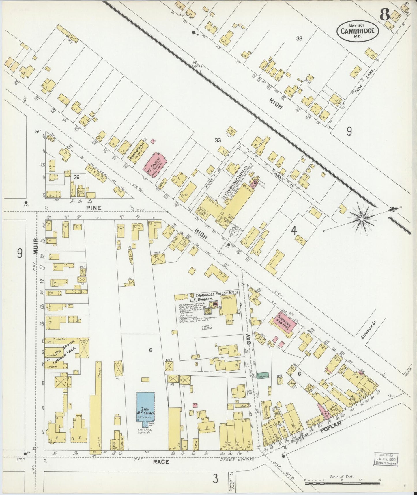 Sanborn Fire Insurance Map from Cambridge, Dorchester County, Maryland (1901), Sheet #0008 - Complete Map Set gallery image, historic Sanborn map, vintage wall art, Maryland Maryland