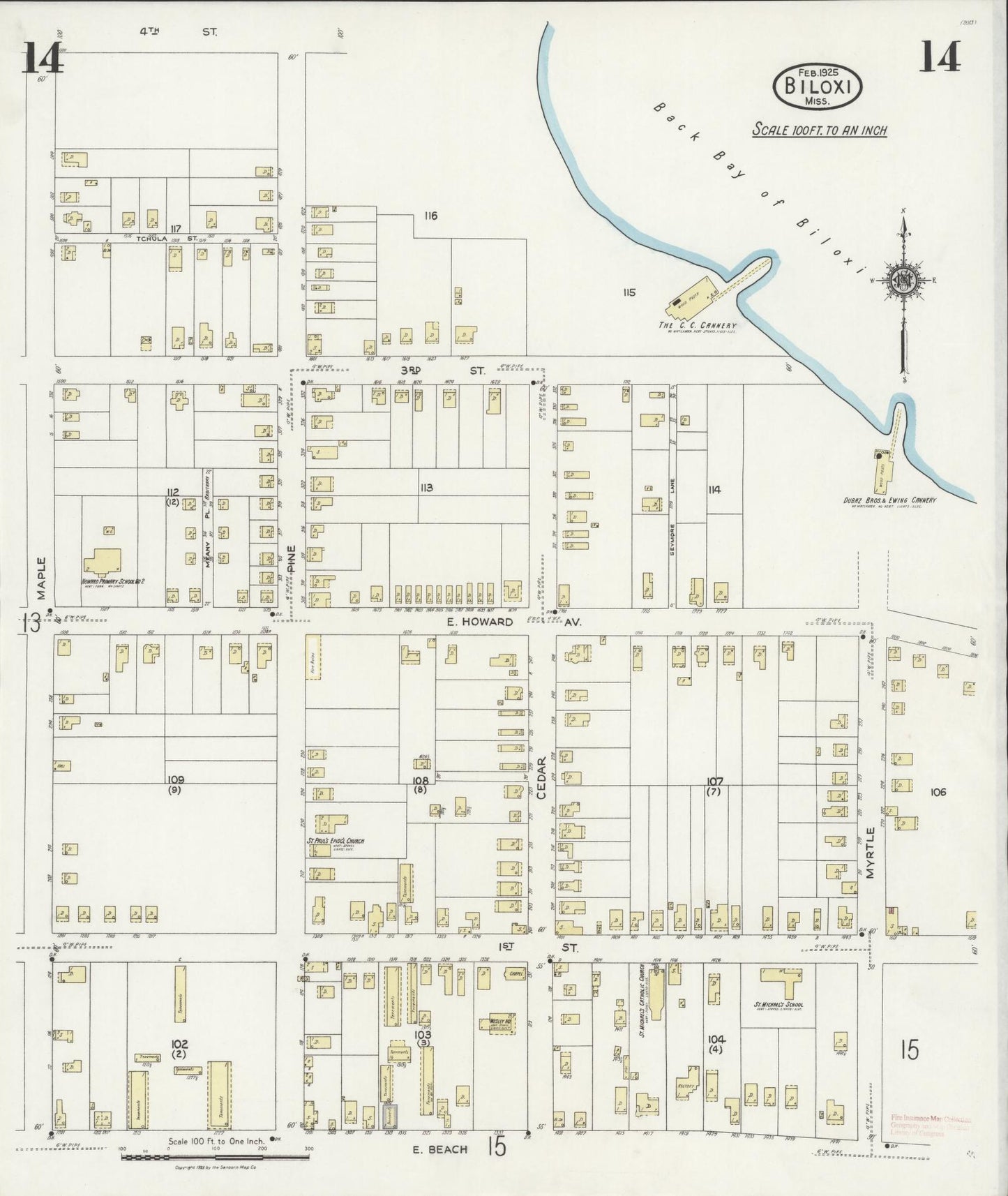 Sanborn Fire Insurance Map from Biloxi, Harrison County, Mississippi (1925), Sheet #0014 - Complete Map Set gallery image, historic Sanborn map, vintage wall art, Mississippi Mississippi