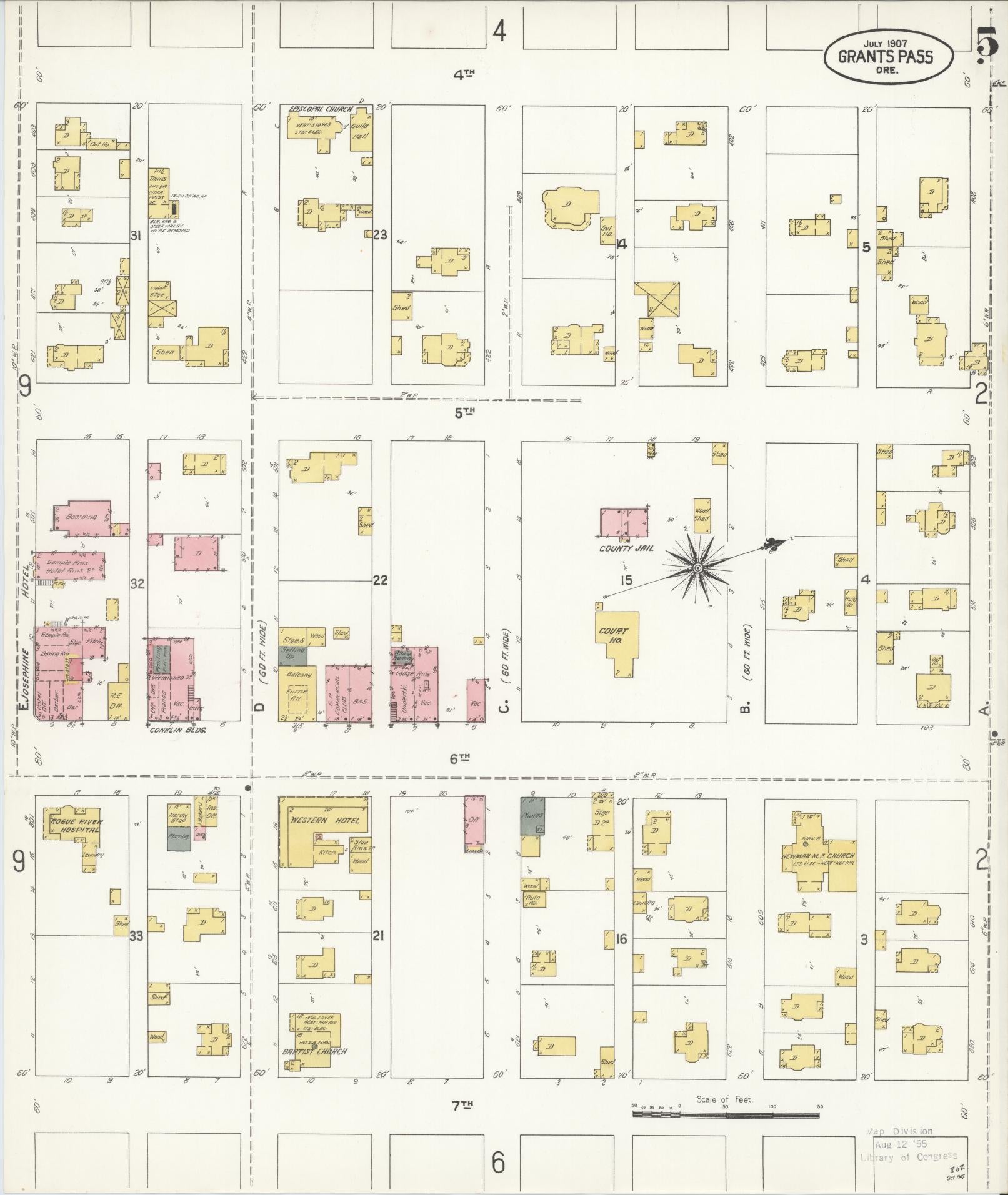 Sanborn Fire Insurance Map from Grants Pass, Josephine County, Oregon (1907), Sheet #0005 - Complete Map Set gallery image, historic Sanborn map, vintage wall art, Oregon Oregon