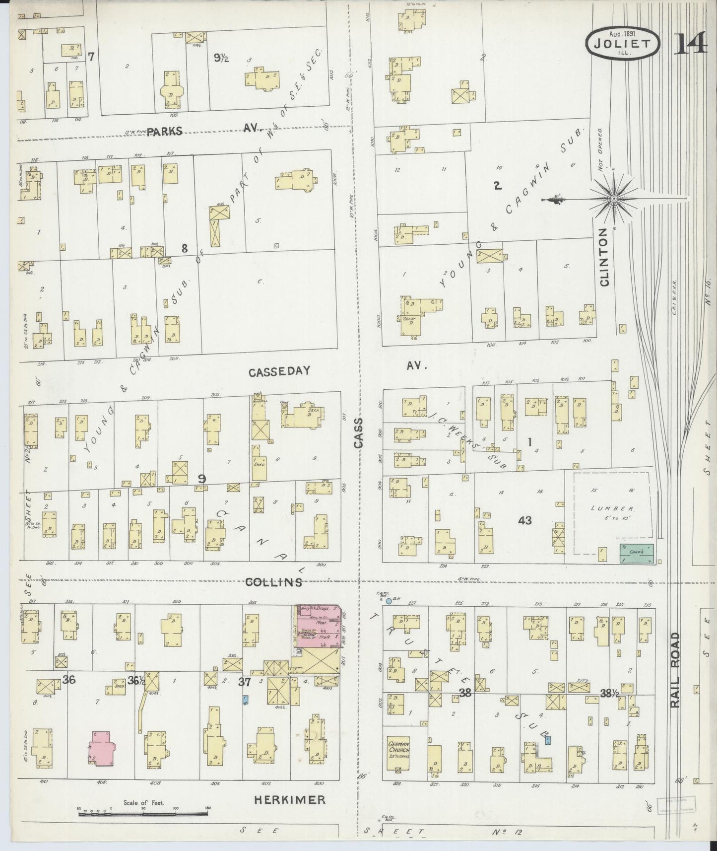Sanborn Fire Insurance Map from Joliet, Will County, Illinois (1891), Sheet #0014 - Historic Sanborn Fire Insurance Map Print, vintage old map wall art, antique decor, genealogy gift, Illinois Illinois map