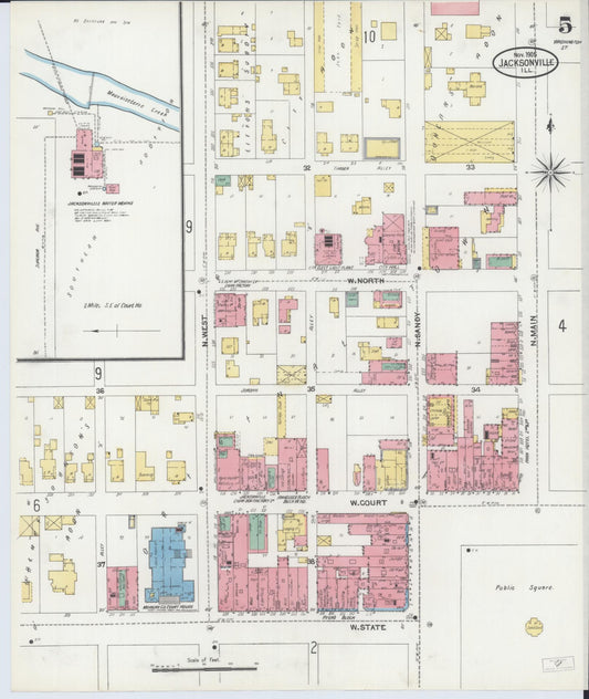 Sanborn Fire Insurance Map from Jacksonville, Morgan County, Illinois (1905), Sheet #0005 - Historic Sanborn Fire Insurance Map Print, vintage old map wall art, antique decor, genealogy gift, Illinois Illinois map