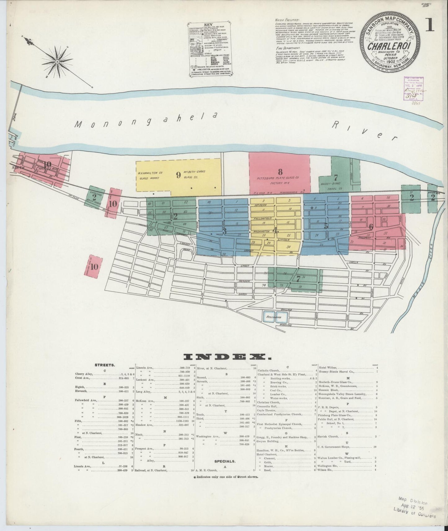 Sanborn Fire Insurance Map from Charleroi, Washington County, Pennsylvania (1902), Sheet #0001 - Historic Sanborn Fire Insurance Map Print, vintage old map wall art, antique decor, genealogy gift, Pennsylvania Pennsylvania map