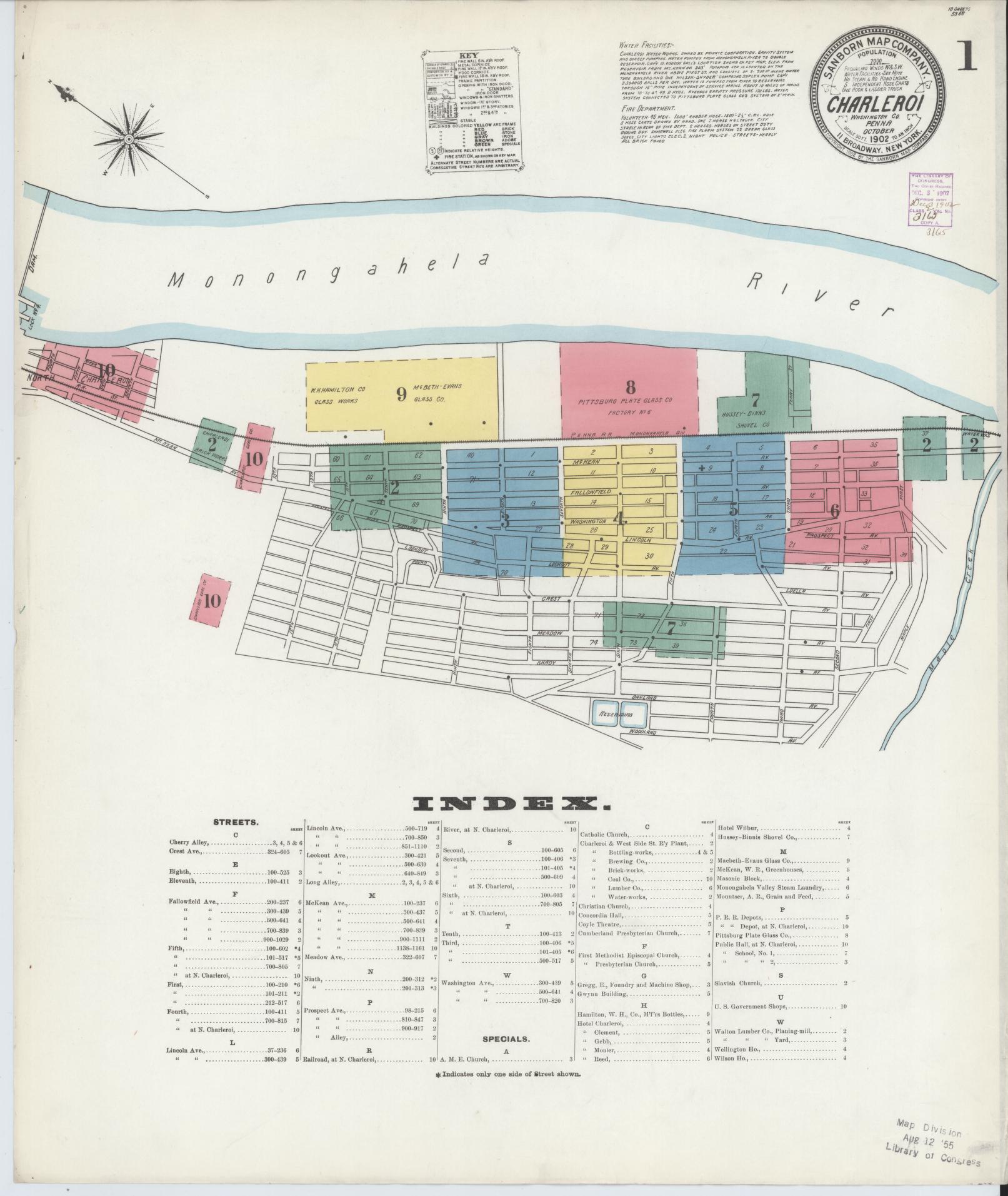 Sanborn Fire Insurance Map from Charleroi, Washington County, Pennsylvania (1902), Sheet #0001 - Historic Sanborn Fire Insurance Map Print, vintage old map wall art, antique decor, genealogy gift, Pennsylvania Pennsylvania map