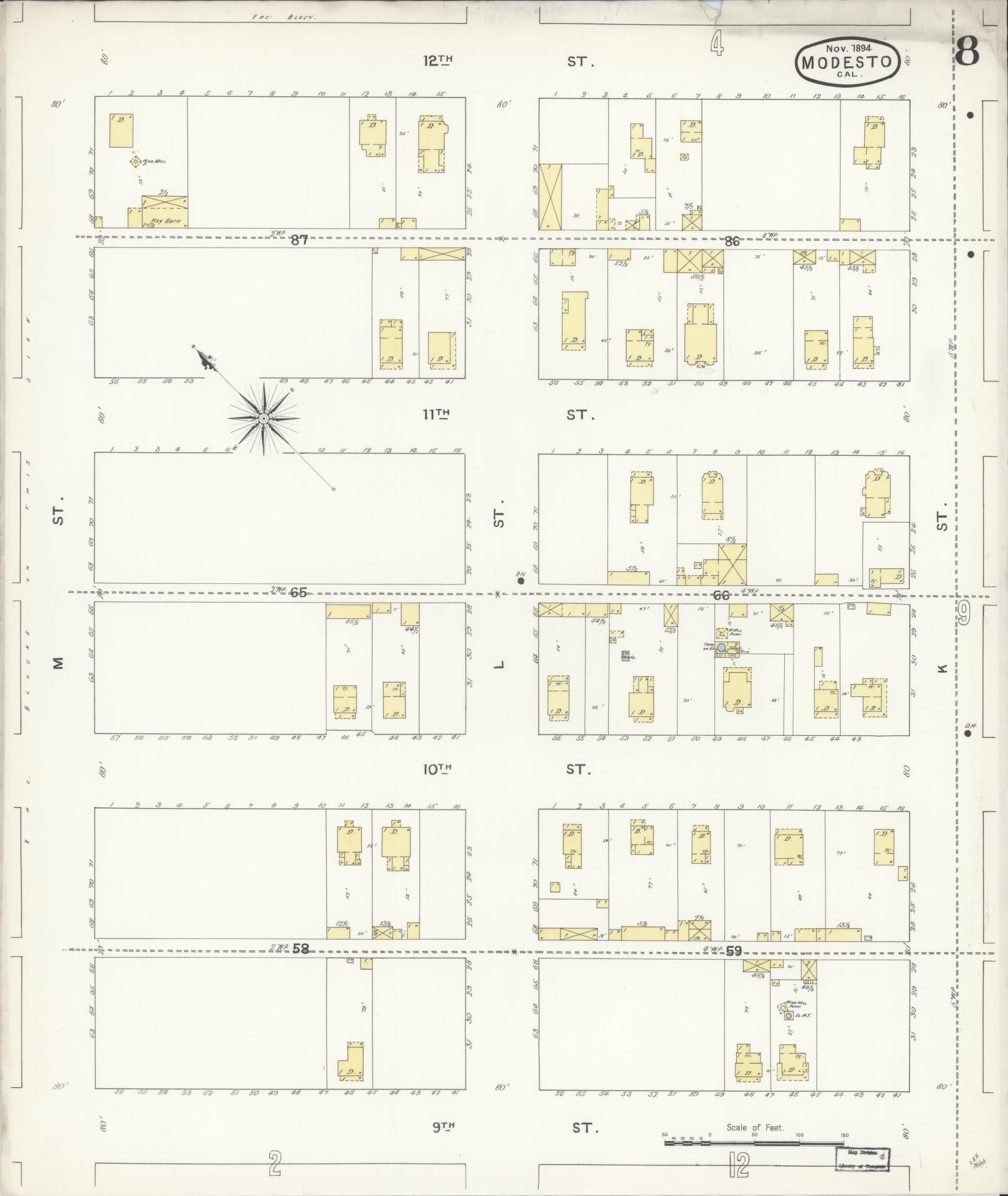 Sanborn Fire Insurance Map from Modesto, Stanislaus County, California (1894), Sheet #0008 - Historic Sanborn Fire Insurance Map Print, vintage old map wall art, antique decor, genealogy gift, California California map