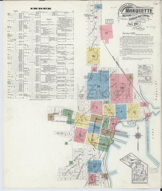Sanborn Fire Insurance Map from Marquette, Marquette County, Michigan (1917), Sheet #0001 - Historic Sanborn Fire Insurance Map Print, vintage old map wall art, antique decor, genealogy gift, Michigan Michigan map