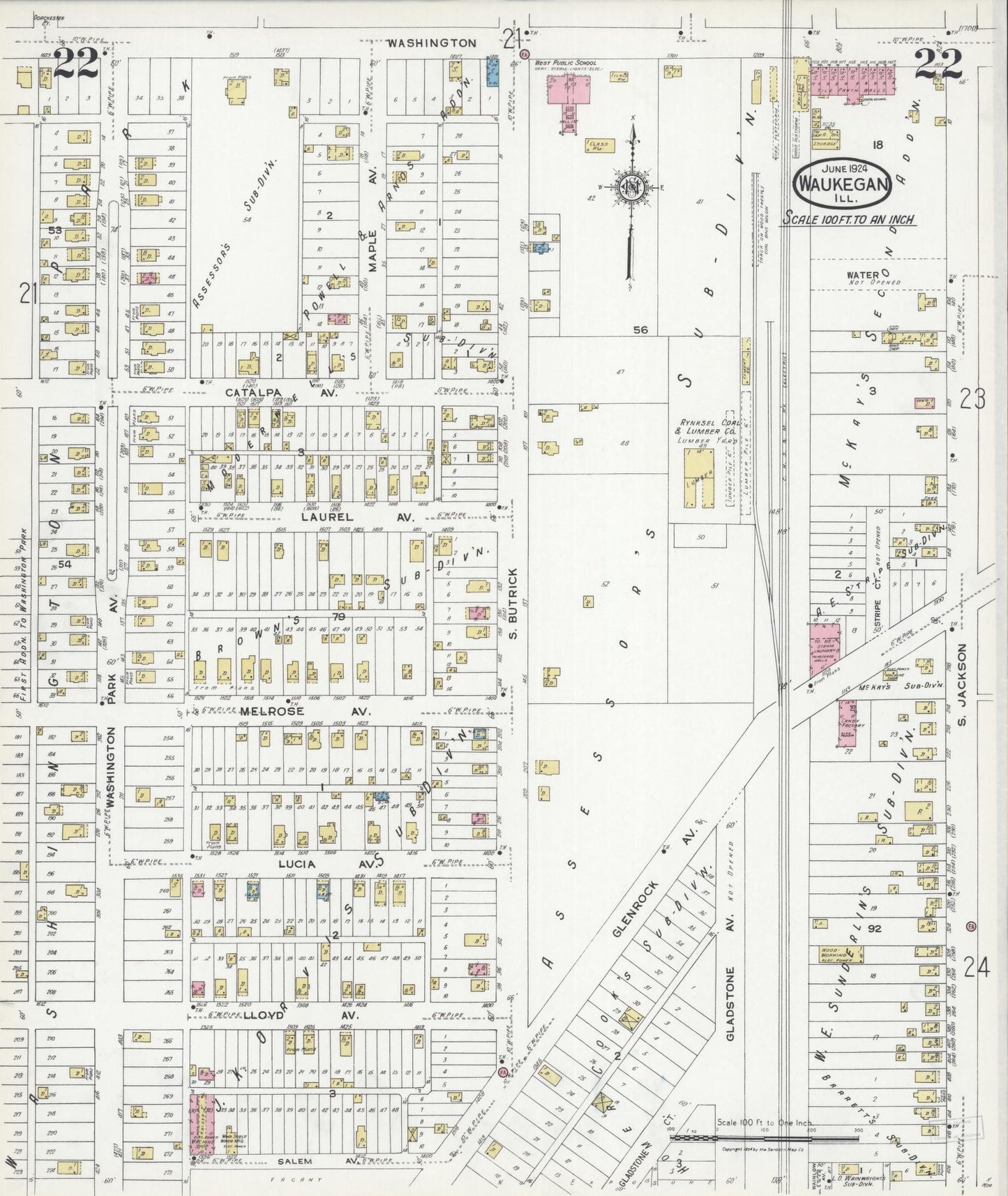 Sanborn Fire Insurance Map from Waukegan, Lake County, Illinois. (1924), Sheet 22 – Historic Sanborn Fire Insurance Map Print