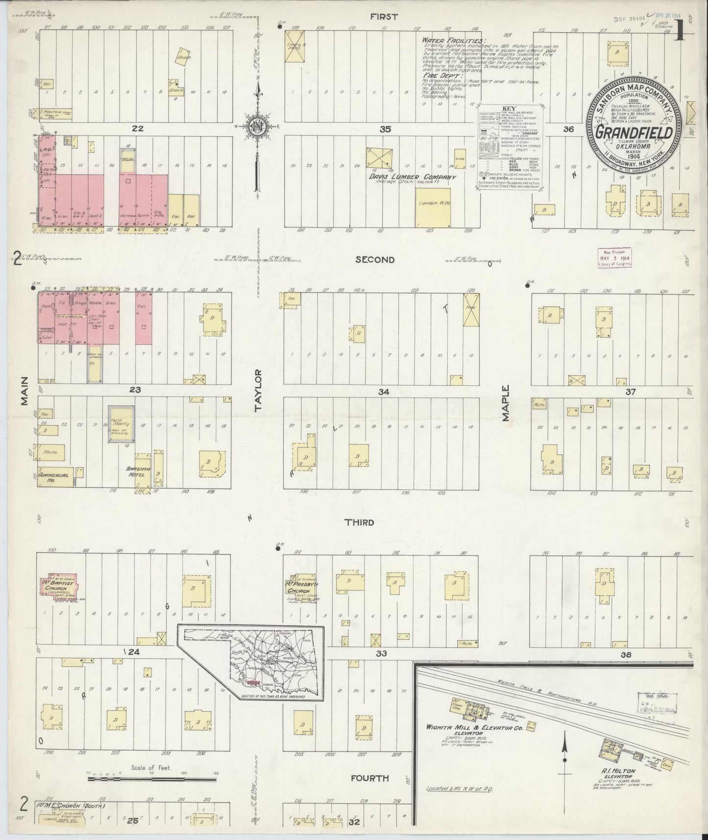 Sanborn Fire Insurance Map from Grandfield, Tillman County, Oklahoma (1914), Sheet #0001 - Historic Sanborn Fire Insurance Map Print, vintage old map wall art, antique decor, genealogy gift, Oklahoma Oklahoma map