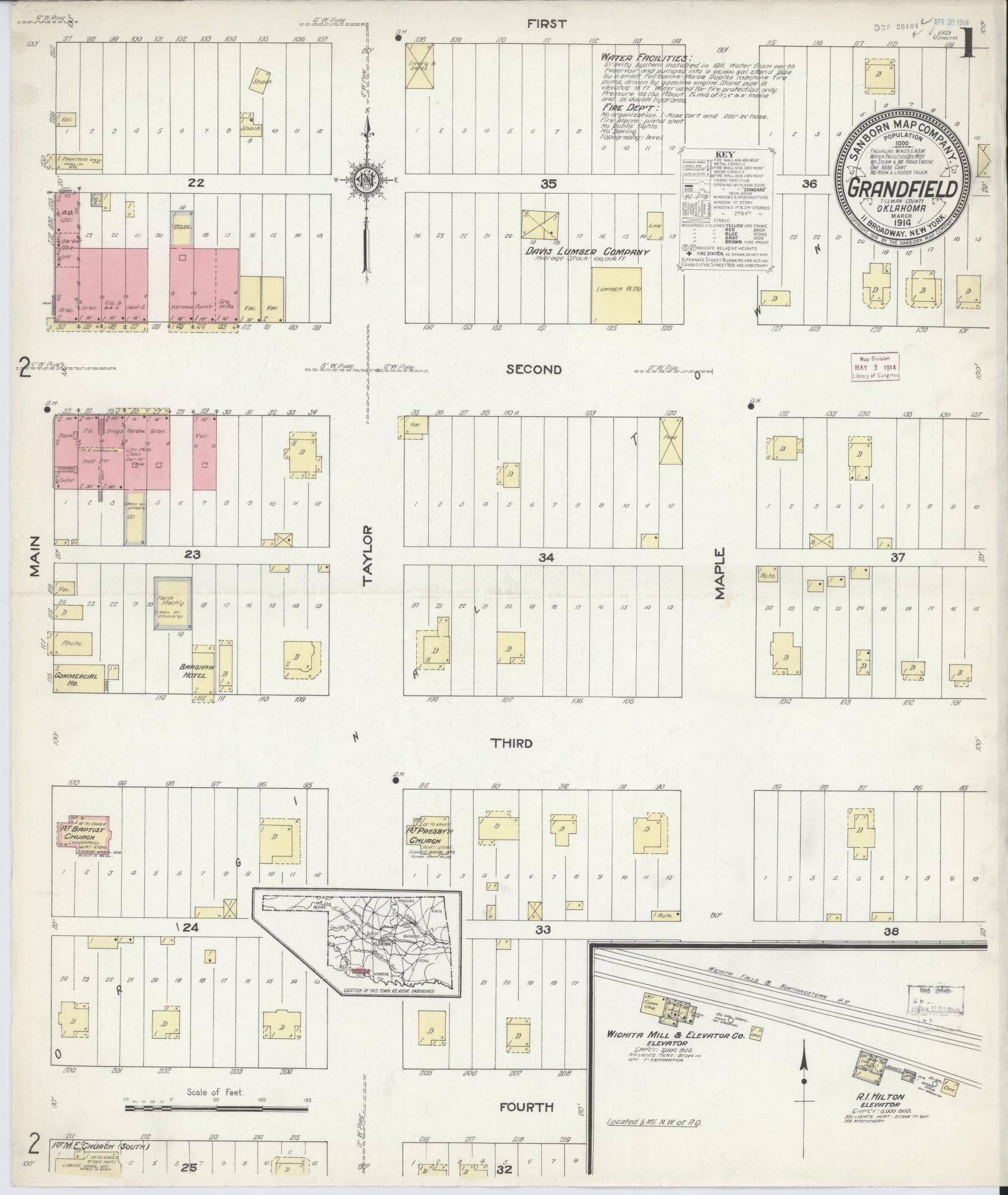 Sanborn Fire Insurance Map from Grandfield, Tillman County, Oklahoma (1914), Sheet #0001 - Historic Sanborn Fire Insurance Map Print, vintage old map wall art, antique decor, genealogy gift, Oklahoma Oklahoma map