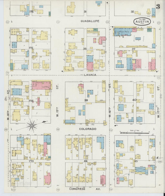 Sanborn Fire Insurance Map from Austin, Travis County, Texas (1894), Sheet #0003 - Historic Sanborn Fire Insurance Map Print, vintage old map wall art, antique decor, genealogy gift, Texas Texas map