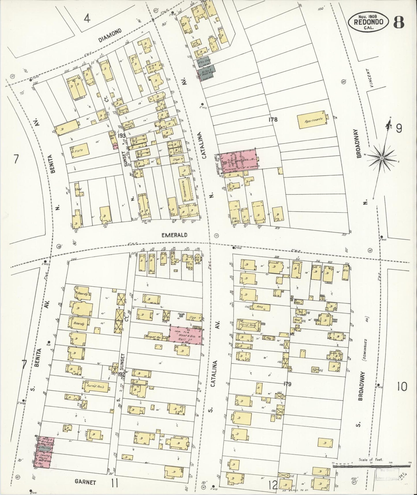 Sanborn Fire Insurance Map from Redondo Beach, Los Angeles County, California (1908), Sheet #0008 - Complete Map Set gallery image, historic Sanborn map, vintage wall art, California California