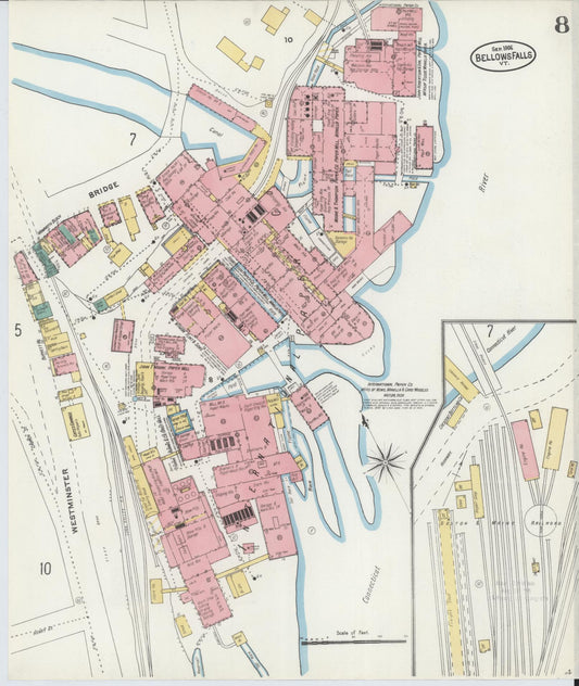 Sanborn Fire Insurance Map from Bellows Falls, Windham County, Vermont (1906), Sheet #0008 - Historic Sanborn Fire Insurance Map Print, vintage old map wall art, antique decor, genealogy gift, Vermont Vermont map