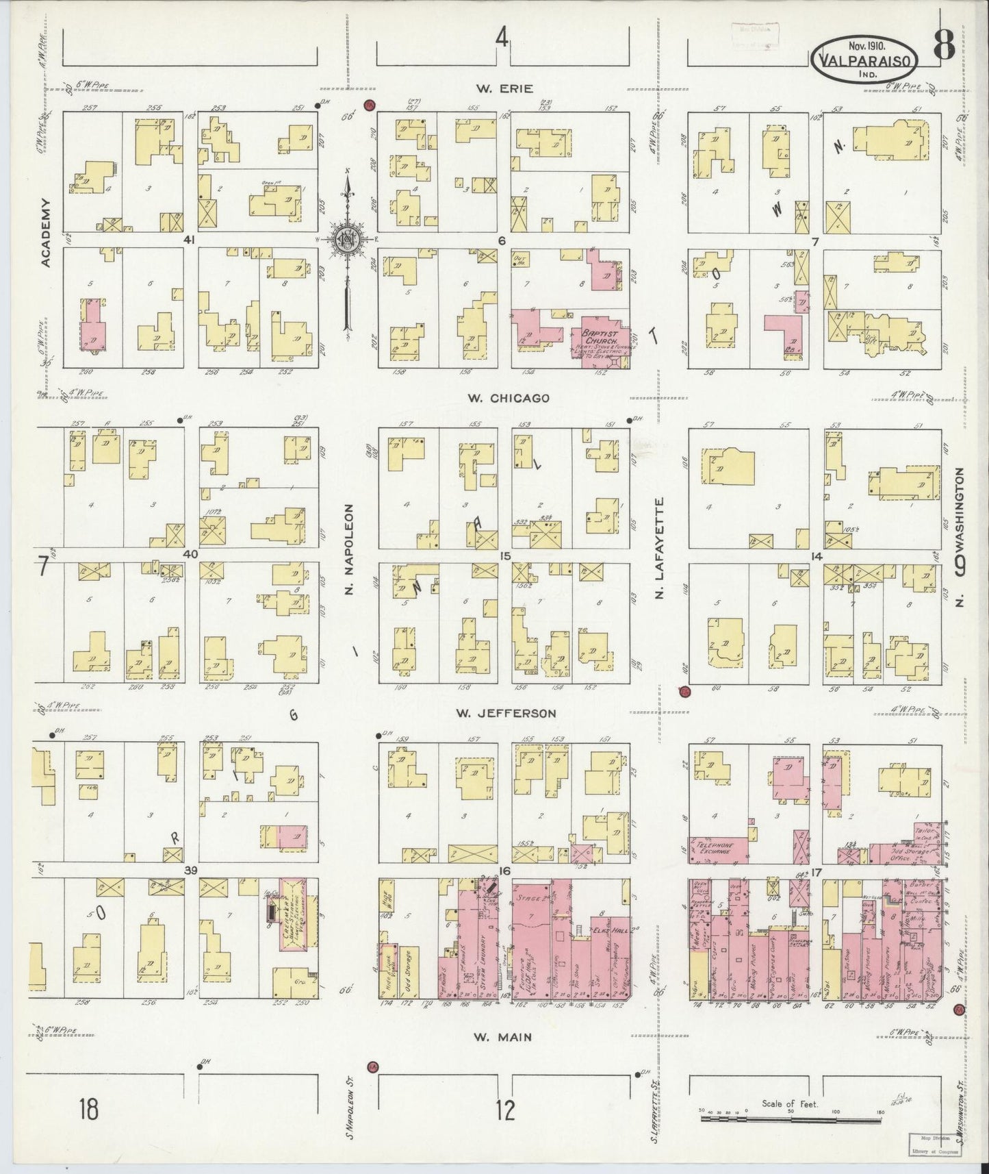 Sanborn Fire Insurance Map from Valparaiso, Porter County, Indiana (1910), Sheet #0008 - Historic Sanborn Fire Insurance Map Print, vintage old map wall art, antique decor, genealogy gift, Indiana Indiana map