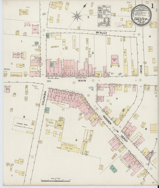 Sanborn Fire Insurance Map from Chester, Chester County, South Carolina (1889), Sheet #0001 - Complete Map Set gallery image, historic Sanborn map, vintage wall art, South Carolina South Carolina