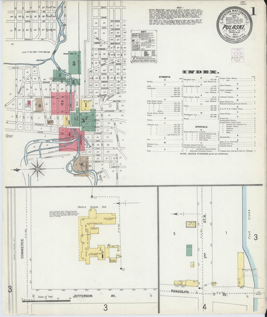 Sanborn Fire Insurance Map from Pulaski, Pulaski County, Virginia (1903), Sheet #0001 - Historic Sanborn Fire Insurance Map Print, vintage old map wall art, antique decor, genealogy gift, Virginia Virginia map