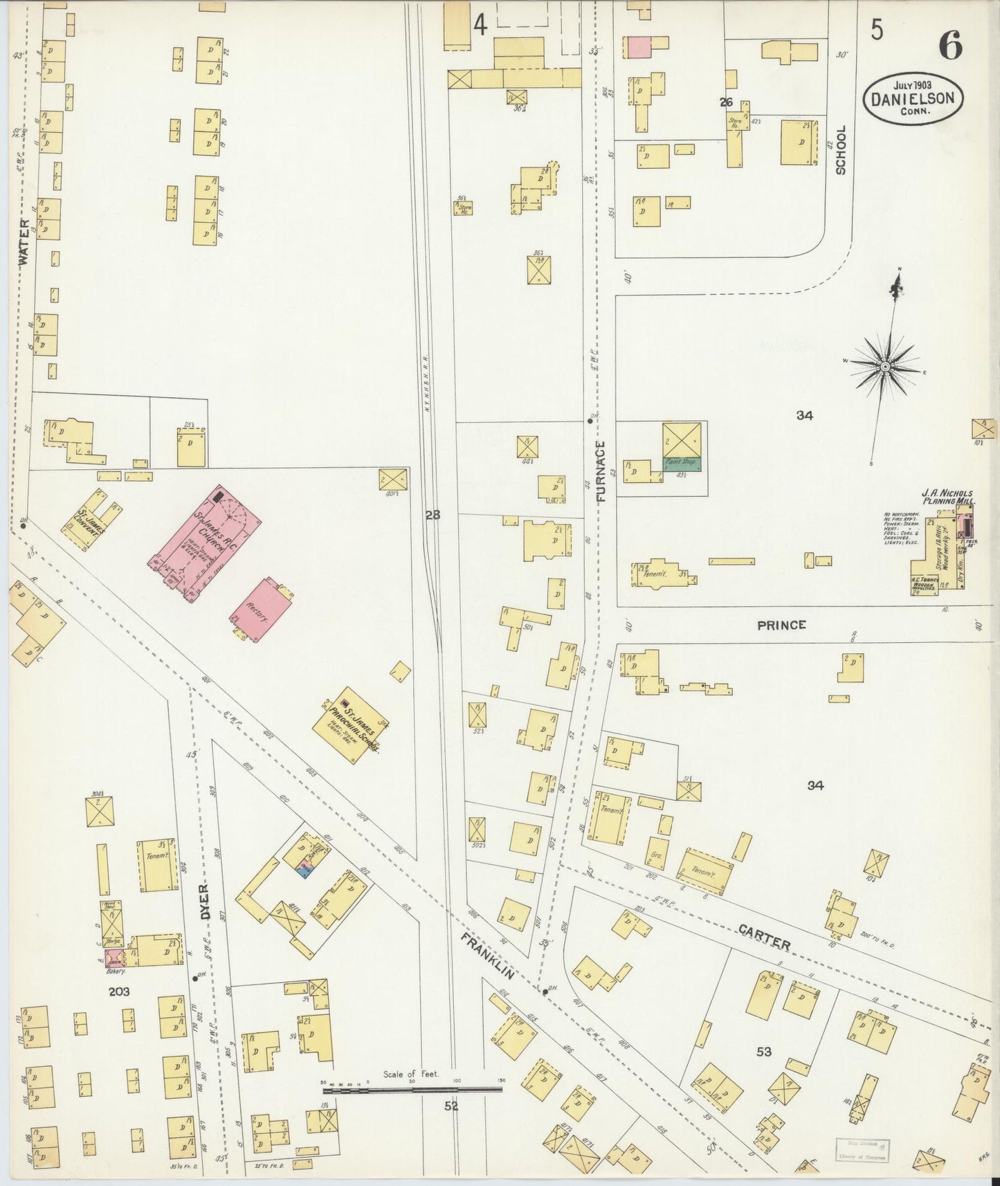 Sanborn Fire Insurance Map from Danielson, Windham County, Connecticut (1903), Sheet #0006 - Historic Sanborn Fire Insurance Map Print, vintage old map wall art, antique decor, genealogy gift, Connecticut Connecticut map