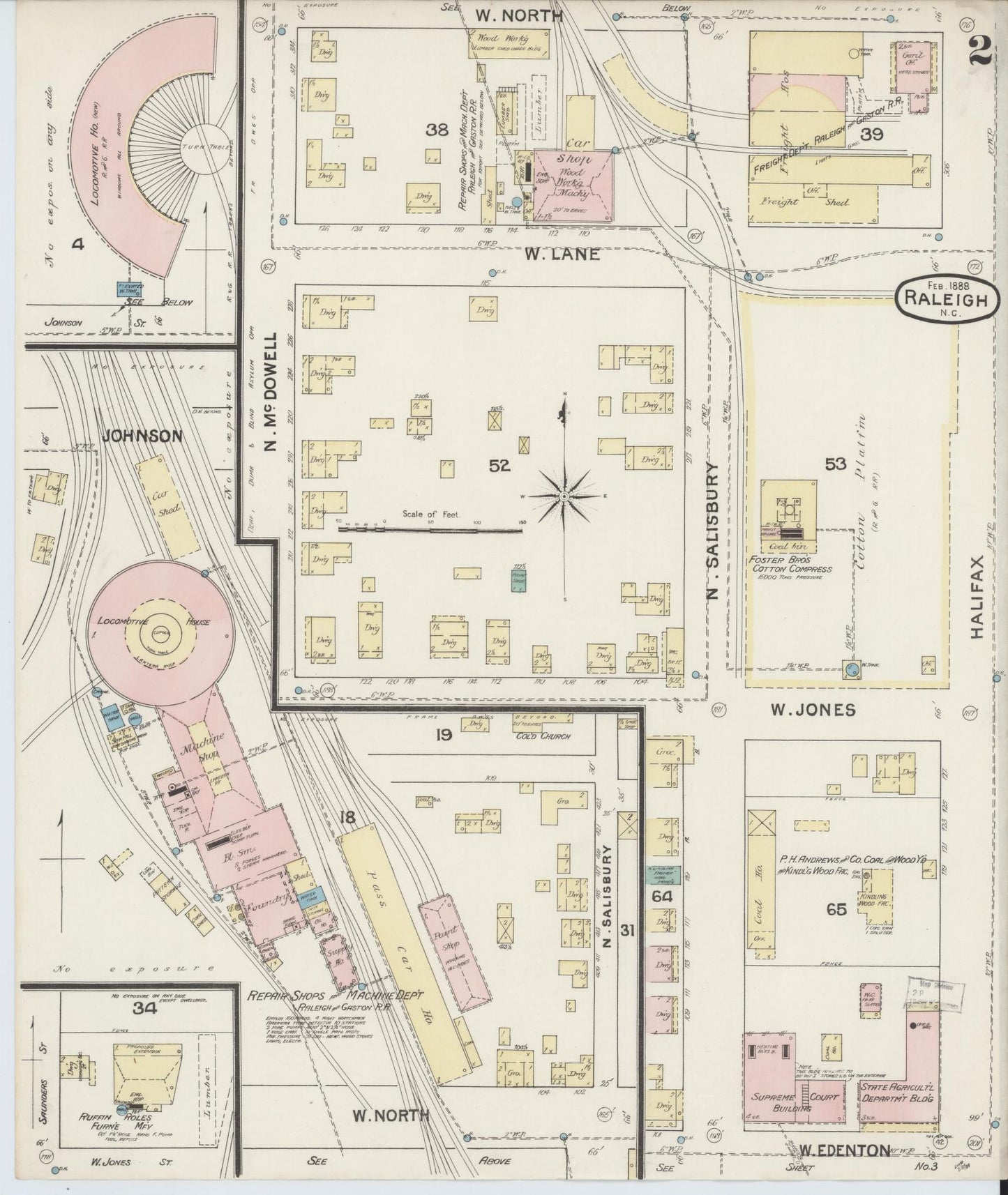 Sanborn Fire Insurance Map from Raleigh, Wake County, North Carolina (1888), Sheet #0002 - Complete Map Set gallery image, historic Sanborn map, vintage wall art, North Carolina North Carolina